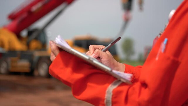 An engineer or foreman is checking on safety checklist form of lifting crane at the drilling rig work site. Industrial safe working concent, close-up and selective focus.