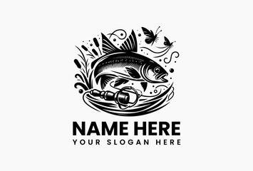 Bold fishing hook integrated with a dynamic wave, timeless vector logo for tackle shops and charters  