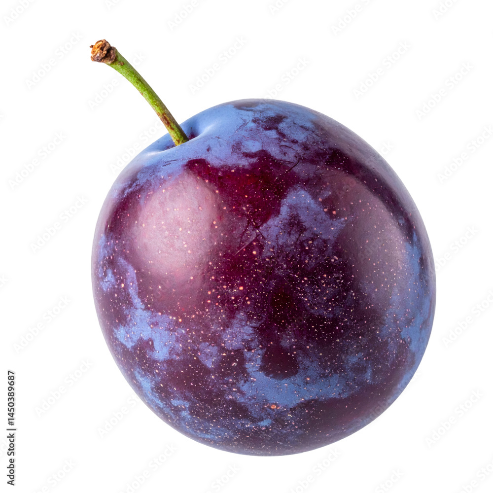 Poster fresh ripe plum floating on transparent background with clipping path