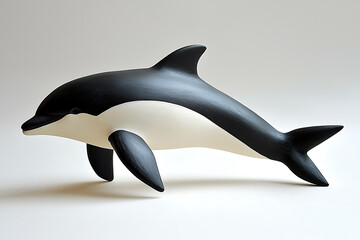 Fototapeta premium A handcrafted dolphin sculpture showcasing a contrasting color scheme of black and white against a plain light background.