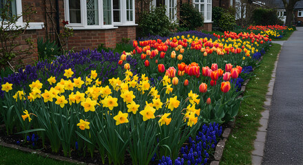 Fototapeta premium Colorful Spring Flowerbed Near Suburban House Displaying Daffodils And Tulips