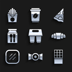 Set Coffee cup to go, Candy, Chocolate bar, Croissant, Steak meat, Online ordering delivery, Slice pizza and Potatoes french fries box icon. Vector