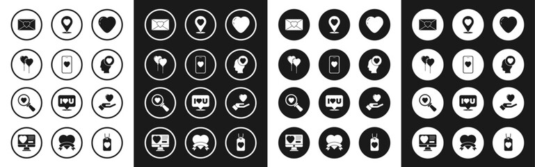 Set Heart, Online dating app and chat, Balloons form of heart, Envelope with Valentine, Head, Location, hand and Search love icon. Vector