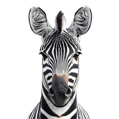 A close-up portrait of a zebra's face highlighting its distinctive black and white stripes pointed ears and gentle expression against a stark white background.