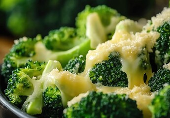 Realistic - photographic picture of green broccoli covered with shiny cheese and green herb fragments, warm and bright tone