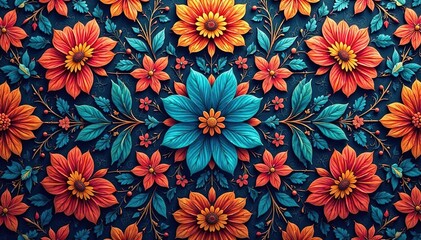 Intricate floral textile design, repeating motif, wallpaper, botanical, fabric