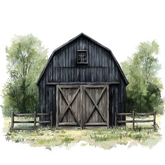 Obraz premium Rustic watercolor barn scene with a tall dark wooden structure double doors and a surrounding natural landscape.