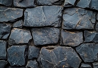 Close-up of a wall made of irregular dark gray stones with cracks and natural texture.