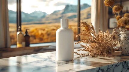 A white bottle sits elegantly on a marble surface with a beautiful mountain vista.