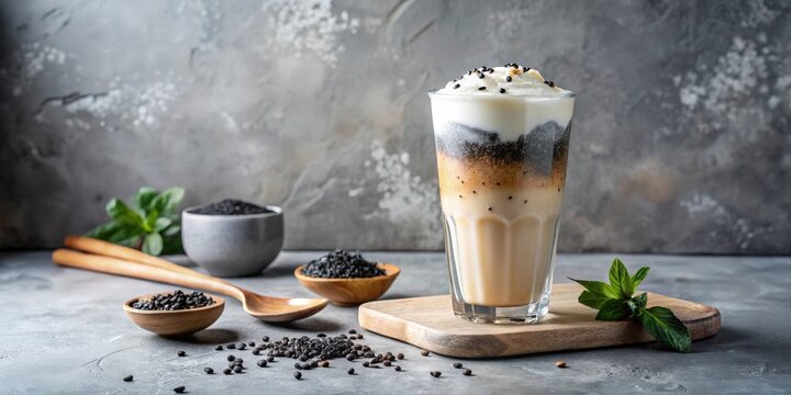 A Refreshing Black Sesame Latte with Whipped Cream and a Garnish of Fresh Mint Leaves