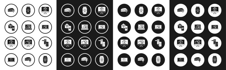 Set Computer monitor with smart house and light bulb, Laptop alarm, Smart home wi-fi, watch, Digital door lock wireless technology for lock and temperature icon. Vector
