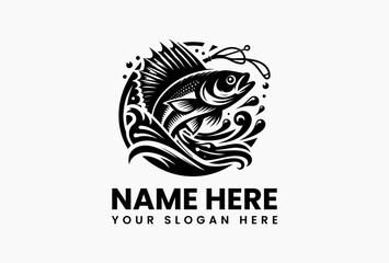 Stylized fishing scene vector logo with fish, water ripple, and hook elements, bold outdoor illustration isolated on white background for sports and hobby branding  