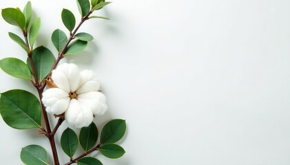 Green eucalyptus & fluffy cotton blooms arranged on white , fresh, greeting card