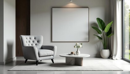 Gray velvet armchair, marble table, minimalist living room, elegant decor , texture, velvet