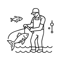 fisherman cleaning a fish icon, fisherman cleaning a fish line art - simple line art of fisherman cleaning a fish, perfect for fisherman cleaning a fish logos and icons