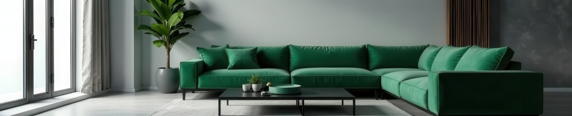 Grey minimalist living room, green velvet sofa, black coffee table , black, elegant