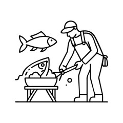 fisherman cleaning a fish icon, fisherman cleaning a fish line art - simple line art of fisherman cleaning a fish, perfect for fisherman cleaning a fish logos and icons