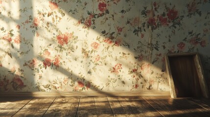 Empty room interior with floral wallpaper and sunlight.