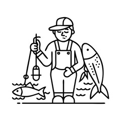 fisherman with catch icon, fisherman with catch line art - simple line art of fisherman with catch, perfect for fisherman with catch logos and icons