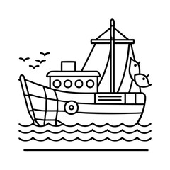 fishing boat icon, fishing boat line art - simple line art of fishing boat, perfect for fishing boat logos and icons