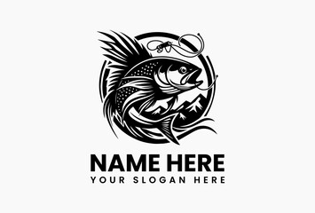 Stylized fishing scene vector logo with fish, water ripple, and hook elements, bold outdoor illustration isolated on white background for sports and hobby branding  