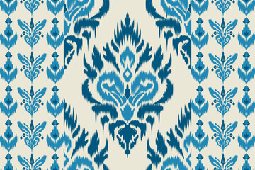 Seamless traditional blue Ikat pattern with ethnic tribal textile design, ornamental fabric background, geometric motif vector print, vintage boho chic wallpaper textile illustration.