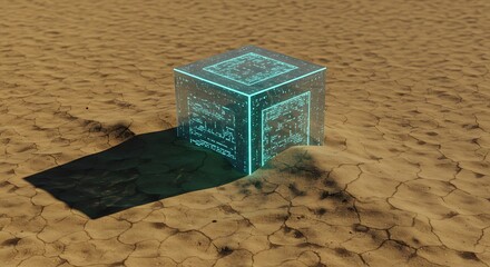 Glowing cube desert landscape digital art abstract design future technology innovation sand cracked earth