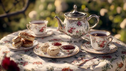 Fototapeta premium Afternoon tea setting with scones and jam in a garden.