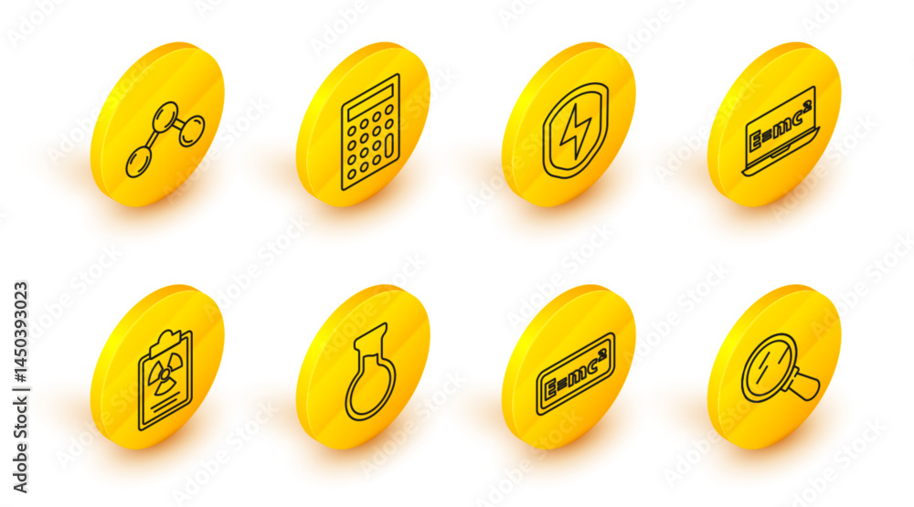 Poster set line magnifying glass, equation solution, test tube and flask, radiation warning document, secur