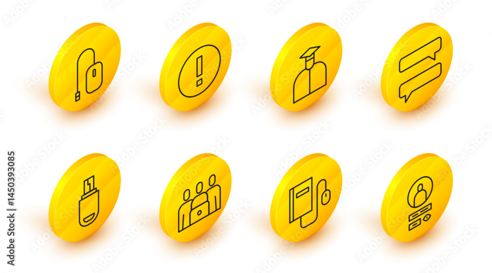 Poster set line create account screen, electronic book with mouse, online class, usb flash drive, speech bu