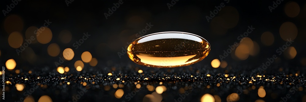 Poster a single golden capsule floats above a sparkling, dark surface with glowing bokeh lights in the back