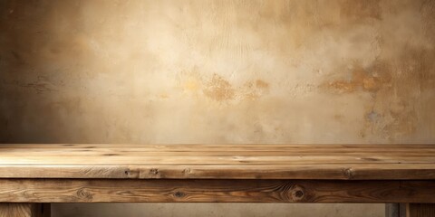 Rustic Wooden Tabletop Against a Warm Textured Wall, Perfect for Displaying Products or Creating a Mockup