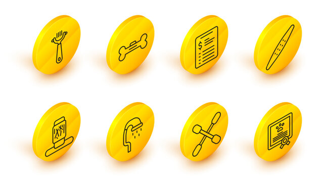 Set line Certificate for dog or cat, Cotton swab ears, Pet shower, Cat scratching post, Nail file pet, Grooming salon price list, Dog bone and Hair brush and icon. Vector - Powered by Adobe