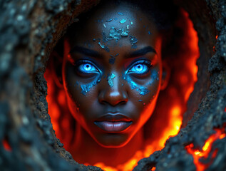 Ethereal Woman with Glowing Eyes Emerging from Fiery Earth