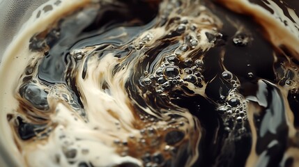 Close up of coffee mixing with cream, swirling abstract patterns.