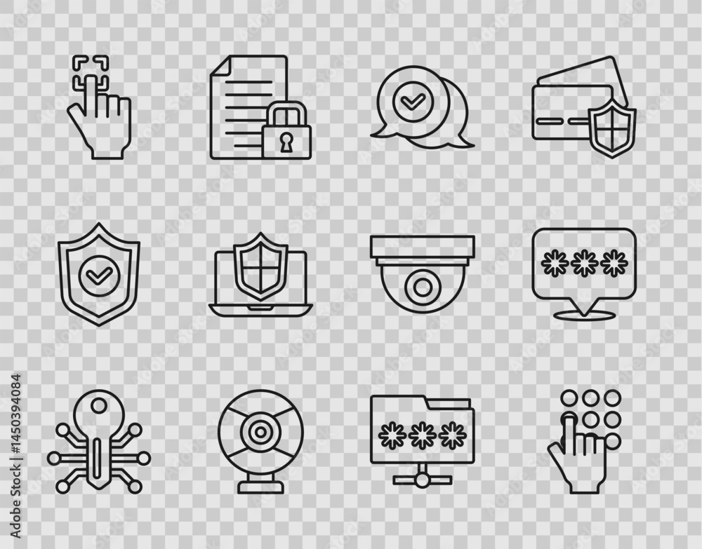 Poster set line smart key, password protection, check mark in speech bubble, security camera, fingerprint, 