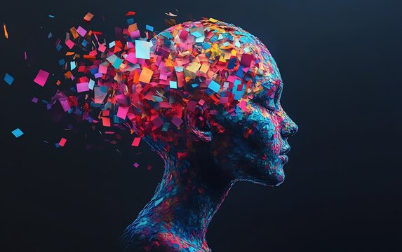 Abstract colorful head, exploding mind, creativity concept.