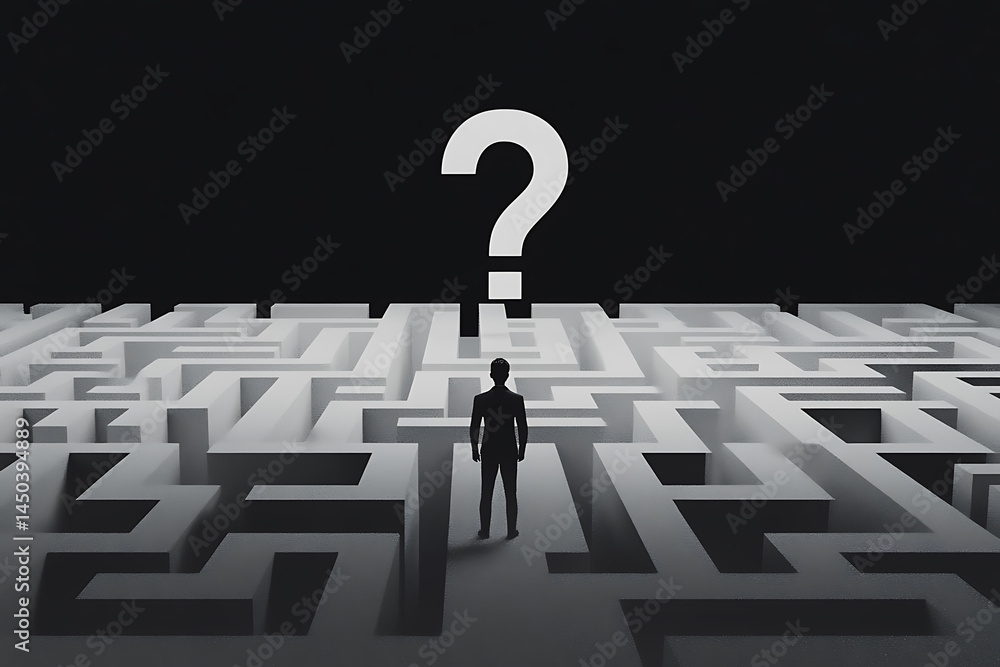 Poster person facing a maze under a question mark, symbolizing challenges and decisions ahead in business o