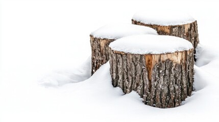 Old tree stumps surrounded by layers of untouched snow, on white background