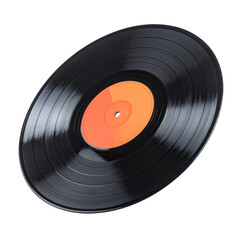 Black vinyl record with orange label floating on transparent background
