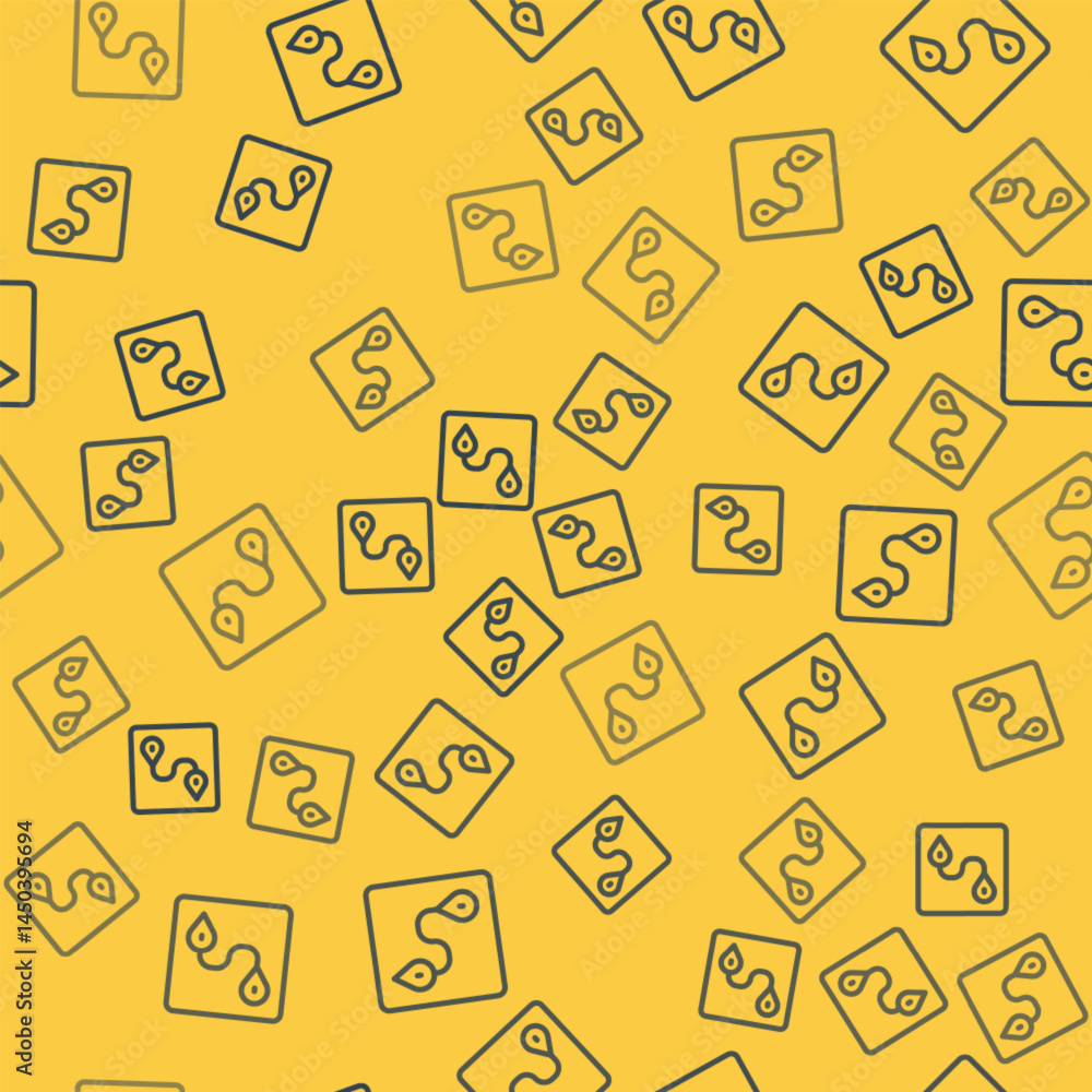 Poster blue line route location icon isolated seamless pattern on yellow background. map pointer sign. conc
