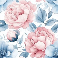 A seamless floral pattern with large soft pink peonies and blue foliage, hand-painted in watercolor style