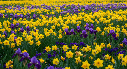 Abundant Field of Daffodils and Irises in Springtime Glory