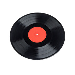 Fototapeta premium Black vinyl record with red label floating on transparent background