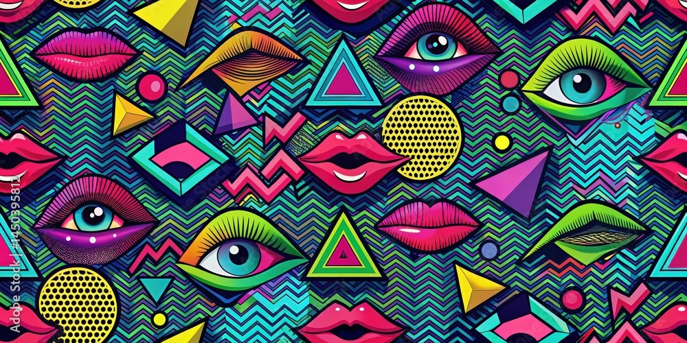 Poster abstract psychedelic pattern featuring eyes, lips, and geometric shapes on a vibrant zigzag backgrou
