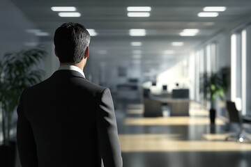 Fototapeta premium A man in a black suit stands in a modern office corridor, facing a bright, spacious workspace