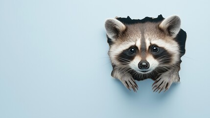 Obraz premium A curious raccoon pokes its head through a hole in a soft blue background, staring directly ahead with a playful expression
