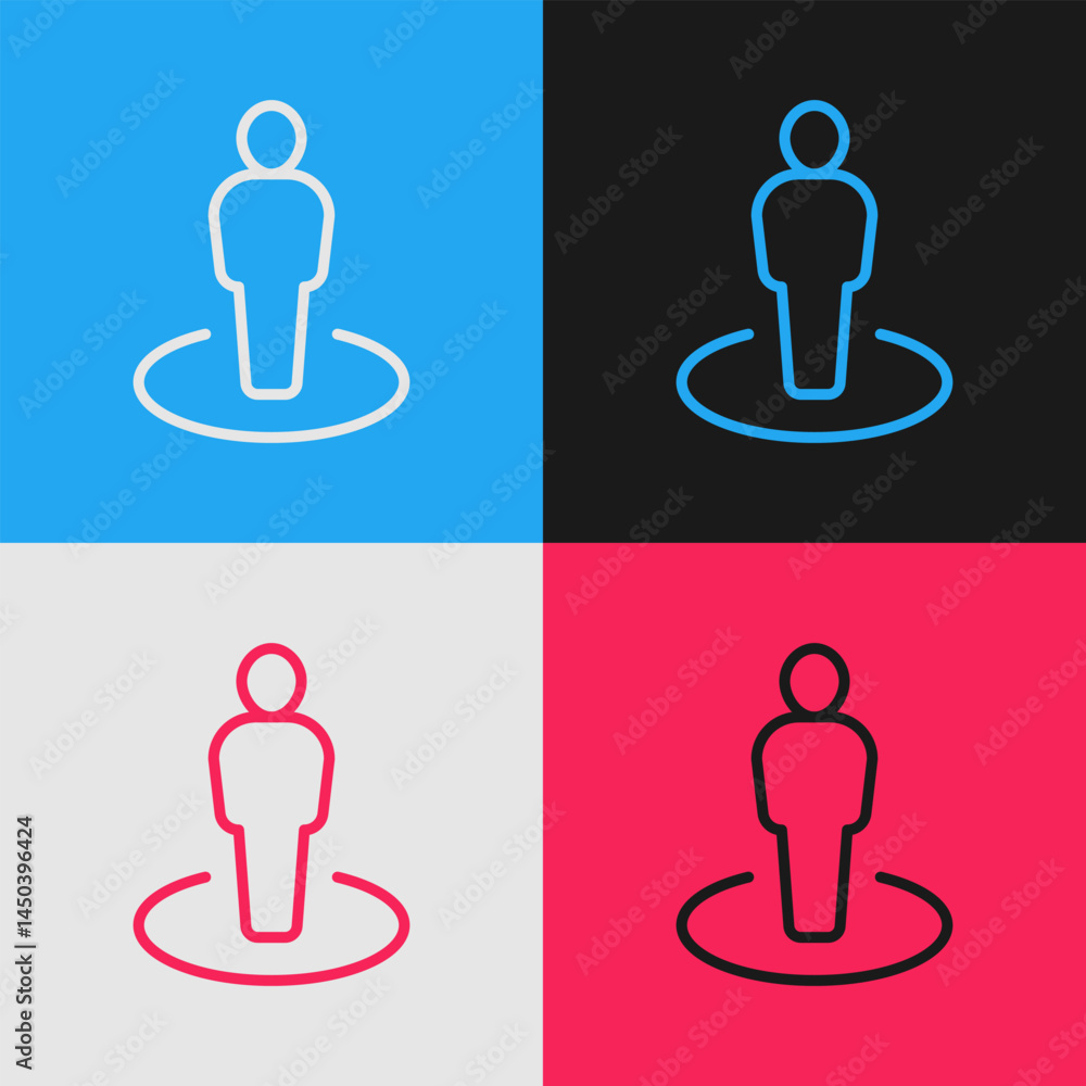 Poster pop art line map marker with a silhouette of a person icon isolated on color background. gps locatio