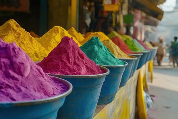 Buckets with colorful Holi powders lined up in a street market