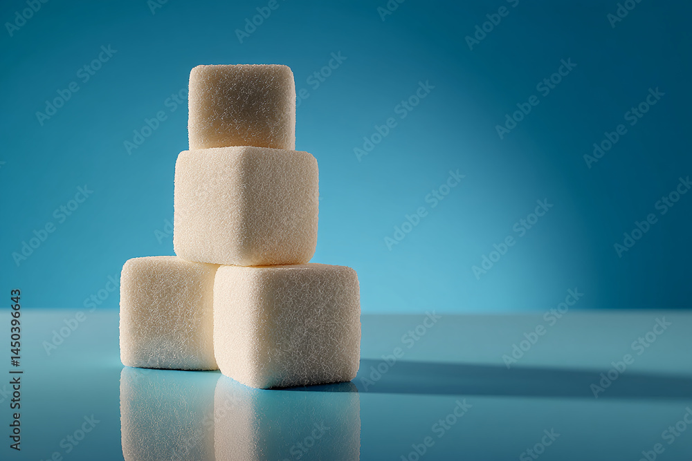 Poster three sugar cubes form a pyramid on a blue surface, creating a minimalist and clean aesthetic, symbo